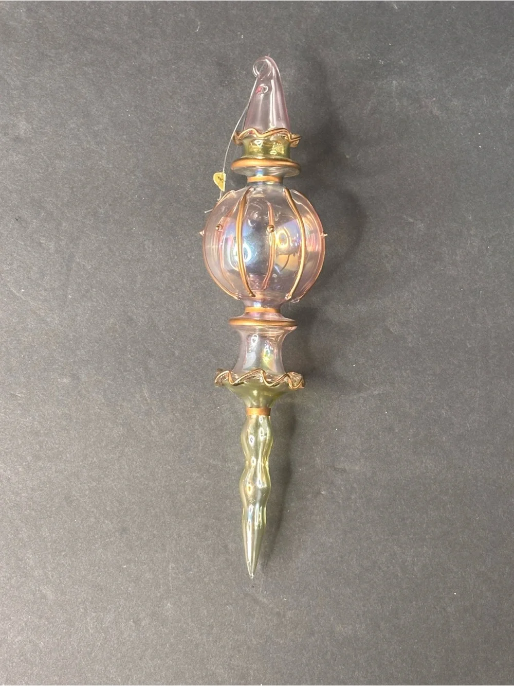 Hand Blown Glass Egyptian Style Christmas Ornament Iridescent Pink Gold Green 8”